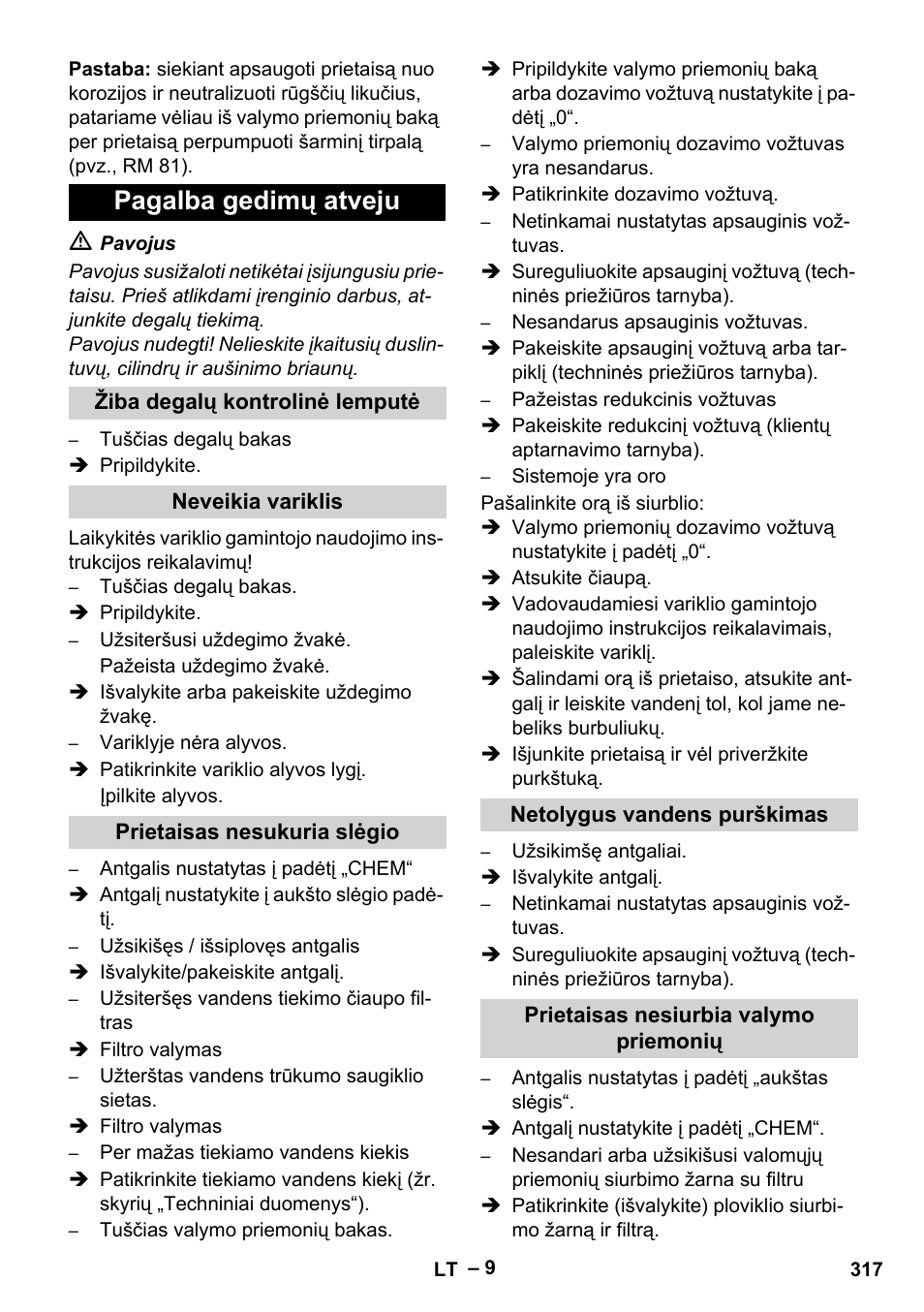 Pagalba gedimų atveju, Žiba degalų kontrolinė lemputė, Neveikia variklis | Prietaisas nesukuria slėgio, Netolygus vandens purškimas, Prietaisas nesiurbia valymo priemonių | Karcher HDS 801 B User Manual | Page 317 / 332
