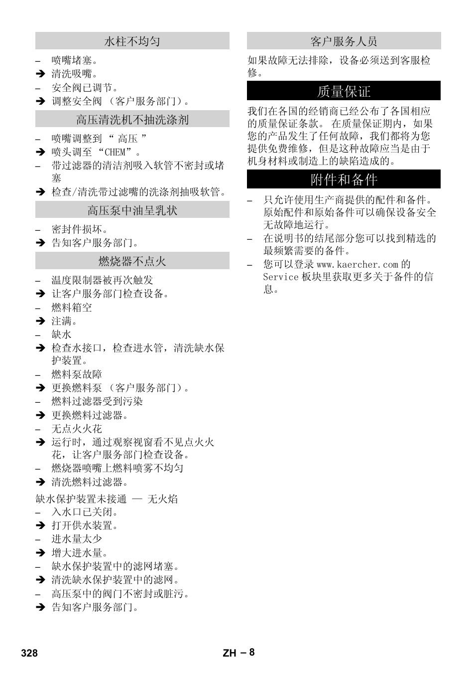 水柱不均匀, 高压清洗机不抽洗涤剂, 高压泵中油呈乳状 | 燃烧器不点火, 缺水保护装置未接通 — 无火焰, 客户服务人员, 质量保证, 附件和备件, 䋼䞣ֱ䆕 䰘ӊ੠໛ӊ | Karcher HDS 801 B User Manual | Page 328 / 332