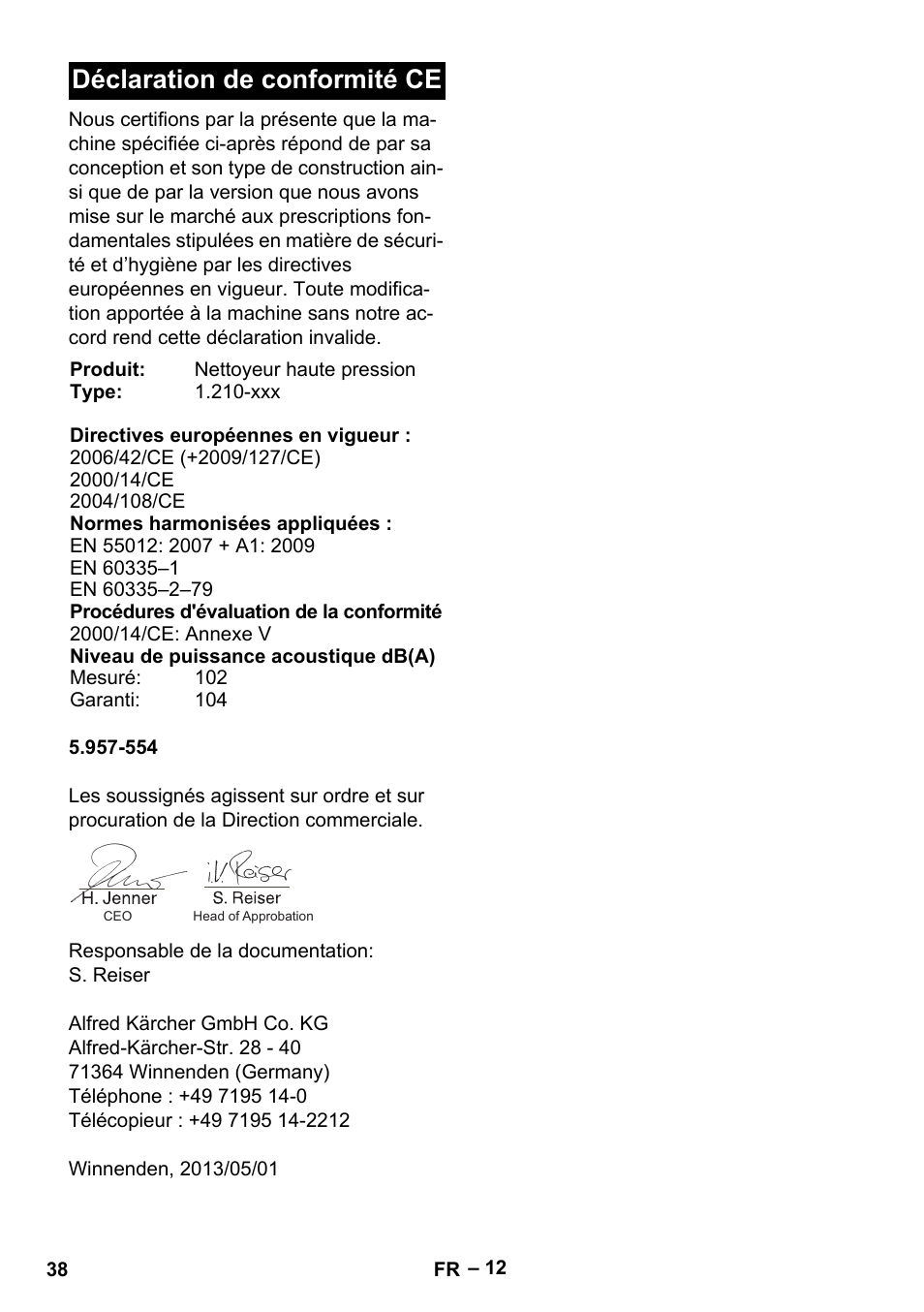 Déclaration de conformité ce | Karcher HDS 801 B User Manual | Page 38 / 332