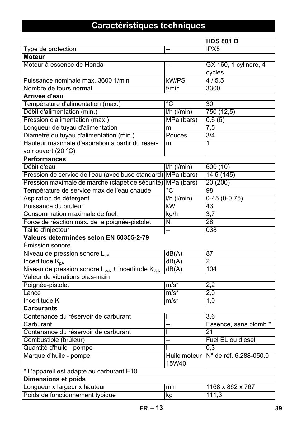 Caractéristiques techniques | Karcher HDS 801 B User Manual | Page 39 / 332