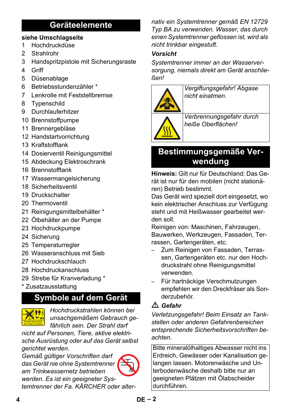 Geräteelemente, Symbole auf dem gerät, Bestimmungsgemäße verwendung | Geräteelemente symbole auf dem gerät, Bestimmungsgemäße ver- wendung | Karcher HDS 801 B User Manual | Page 4 / 332