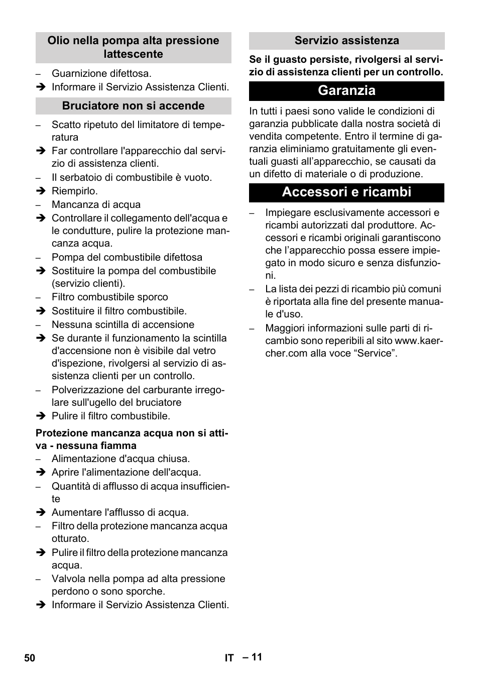 Olio nella pompa alta pressione lattescente, Bruciatore non si accende, Servizio assistenza | Garanzia, Accessori e ricambi, Garanzia accessori e ricambi | Karcher HDS 801 B User Manual | Page 50 / 332