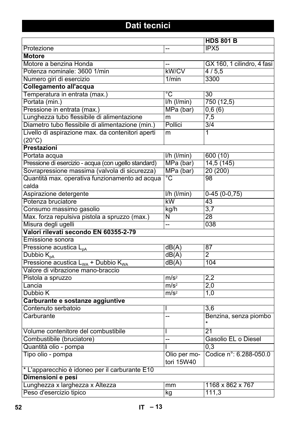 Dati tecnici | Karcher HDS 801 B User Manual | Page 52 / 332