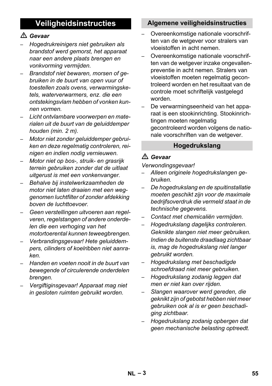 Veiligheidsinstructies, Algemene veiligheidsinstructies, Hogedrukslang | Karcher HDS 801 B User Manual | Page 55 / 332