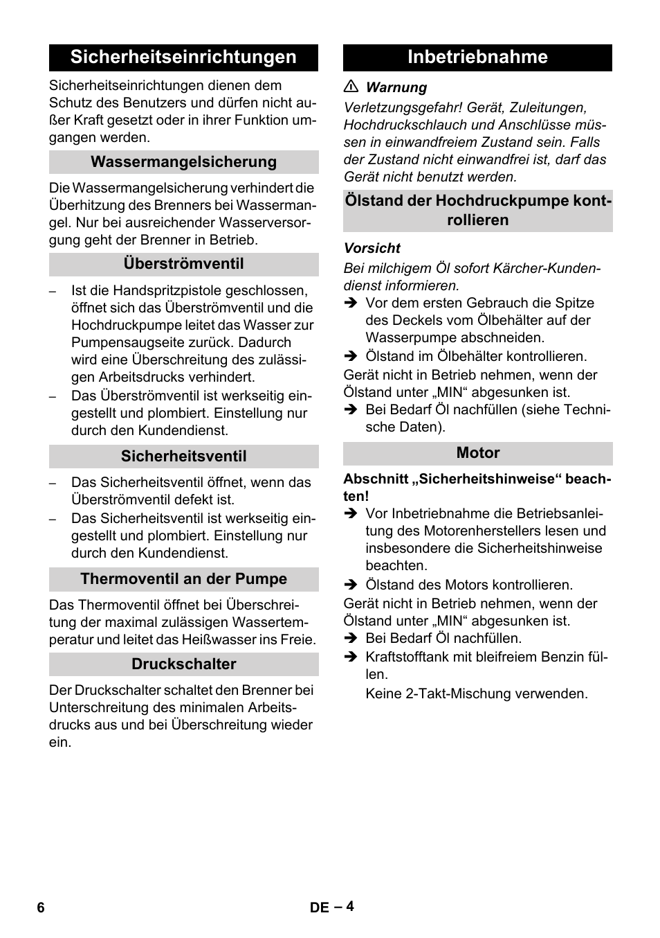 Sicherheitseinrichtungen, Wassermangelsicherung, Überströmventil | Sicherheitsventil, Thermoventil an der pumpe, Druckschalter, Inbetriebnahme, Ölstand der hochdruckpumpe kontrollieren, Motor | Karcher HDS 801 B User Manual | Page 6 / 332