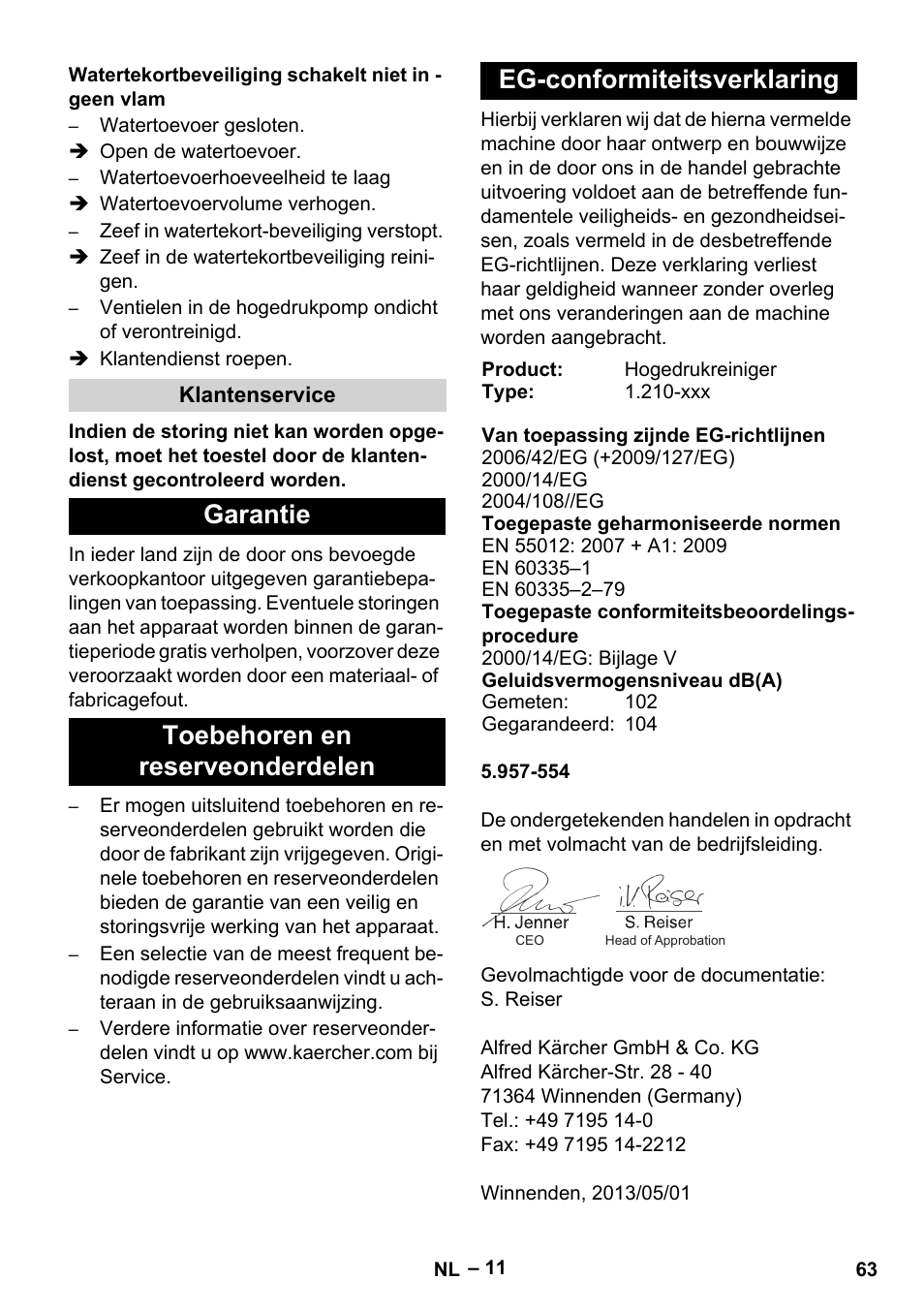 Klantenservice, Garantie, Toebehoren en reserveonderdelen | Eg-conformiteitsverklaring | Karcher HDS 801 B User Manual | Page 63 / 332