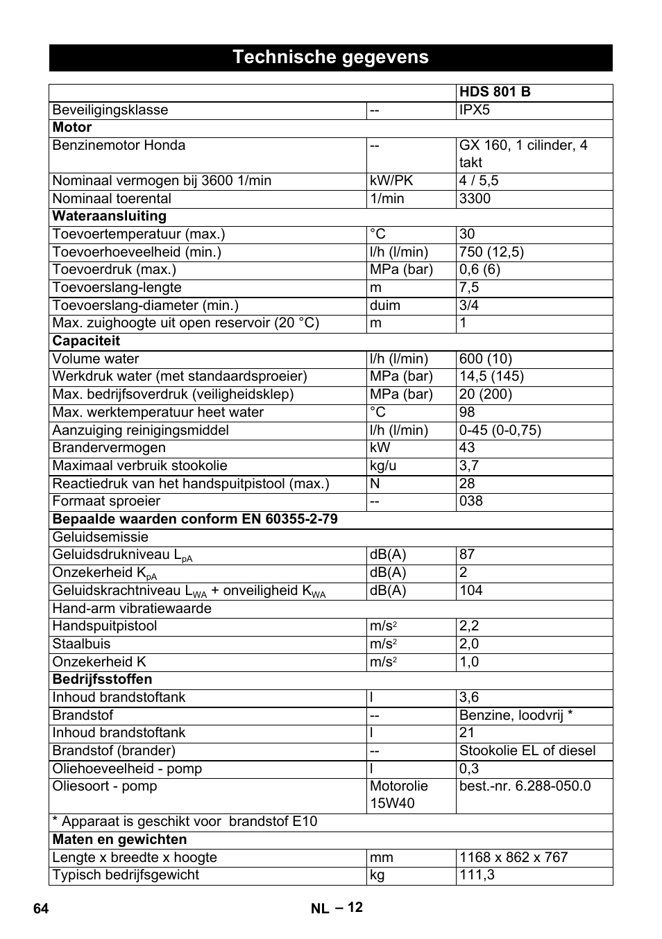 Technische gegevens | Karcher HDS 801 B User Manual | Page 64 / 332