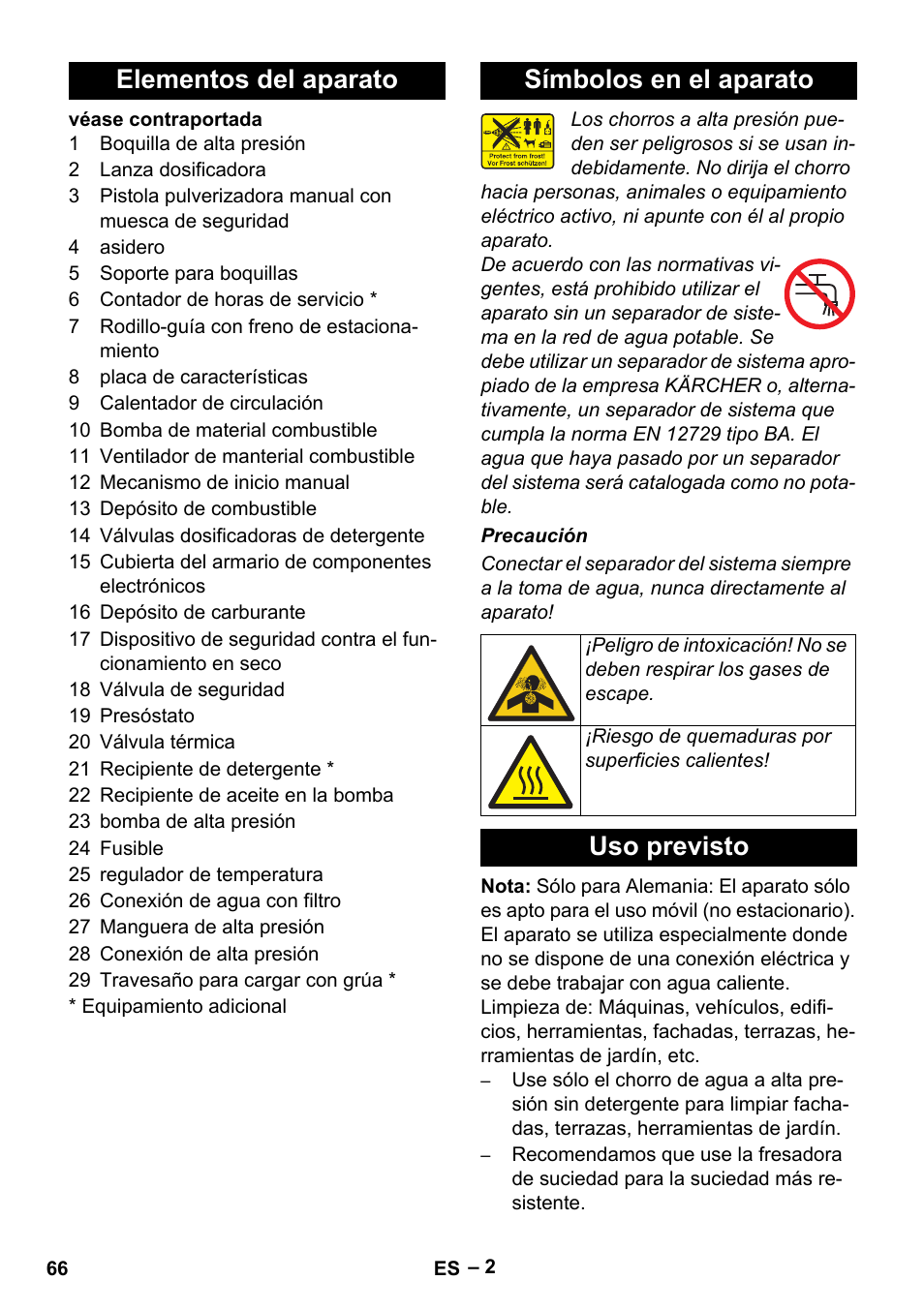 Elementos del aparato, Símbolos en el aparato, Uso previsto | Elementos del aparato símbolos en el aparato | Karcher HDS 801 B User Manual | Page 66 / 332