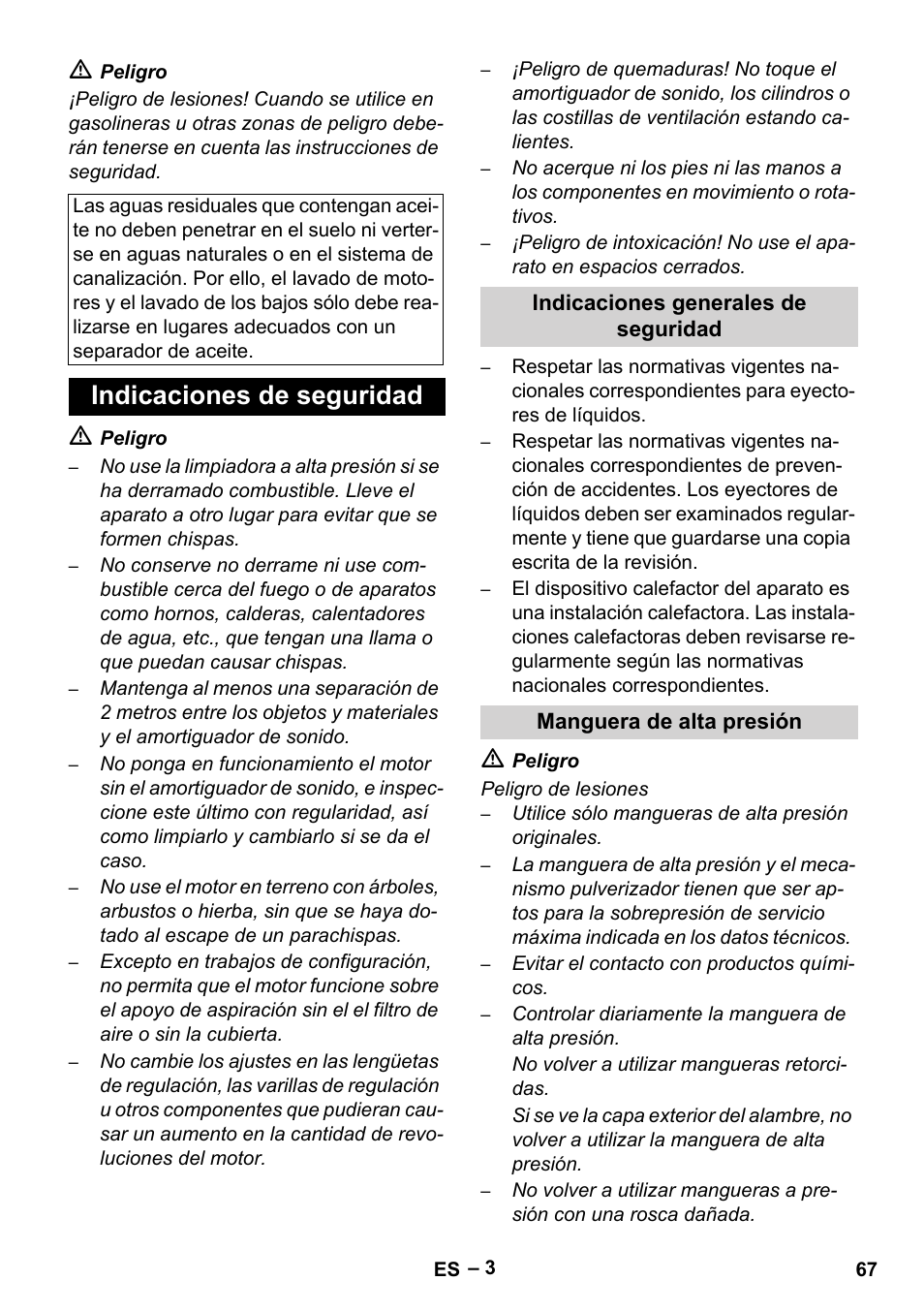 Indicaciones de seguridad, Indicaciones generales de seguridad, Manguera de alta presión | Karcher HDS 801 B User Manual | Page 67 / 332