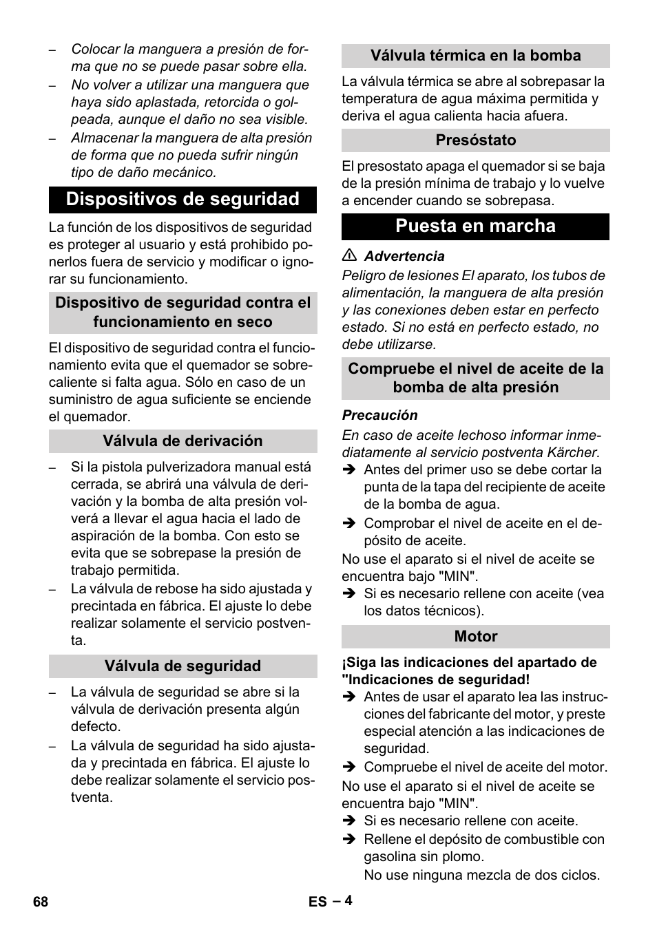 Dispositivos de seguridad, Válvula de derivación, Válvula de seguridad | Válvula térmica en la bomba, Presóstato, Puesta en marcha, Motor | Karcher HDS 801 B User Manual | Page 68 / 332