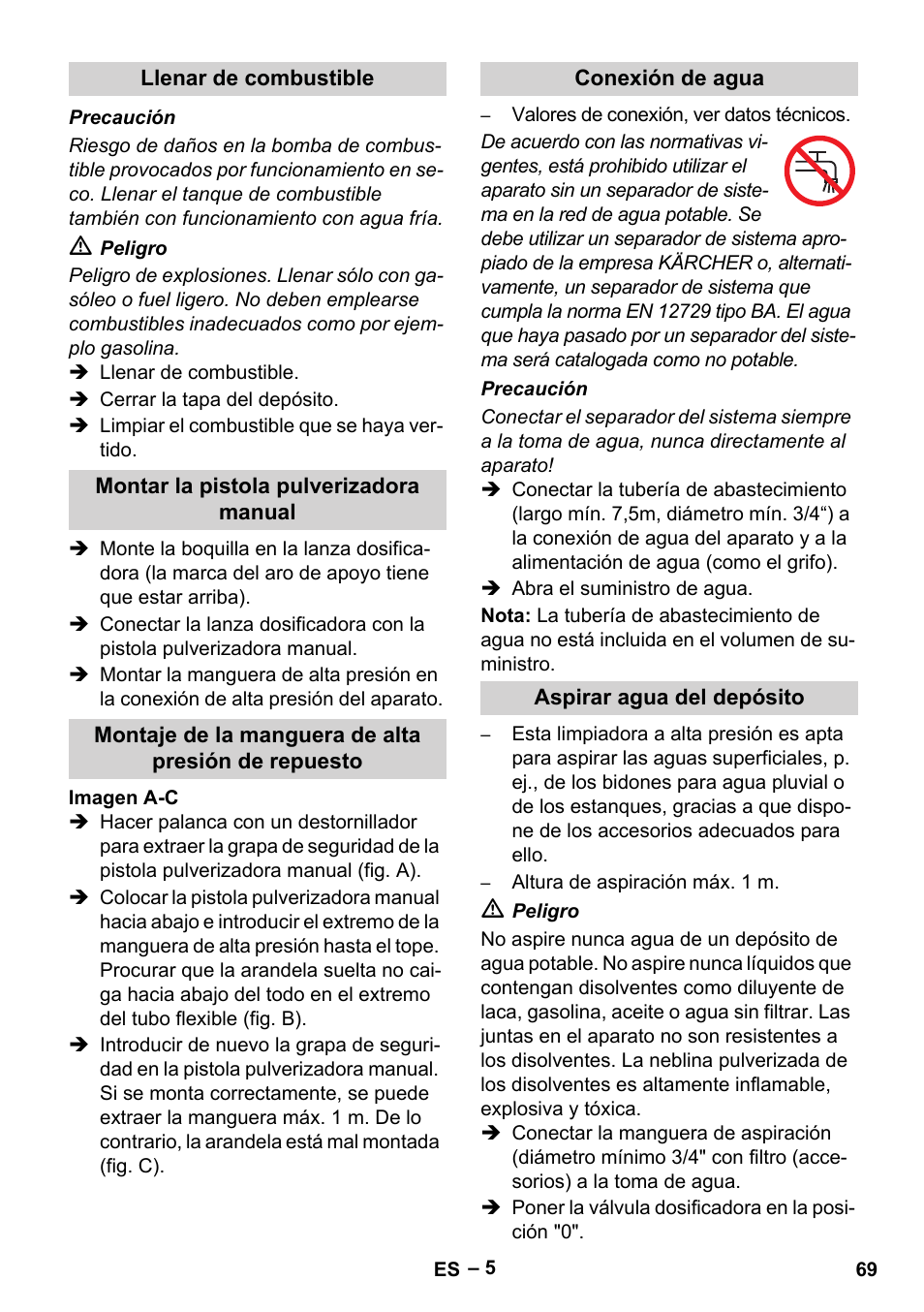 Llenar de combustible, Montar la pistola pulverizadora manual, Montaje de la manguera de alta presión de repuesto | Conexión de agua, Aspirar agua del depósito | Karcher HDS 801 B User Manual | Page 69 / 332