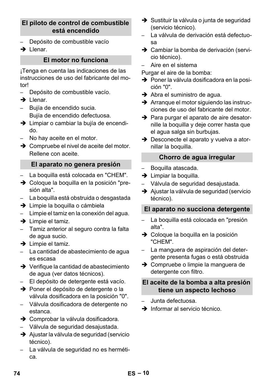 El piloto de control de combustible está encendido, El motor no funciona, El aparato no genera presión | Chorro de agua irregular, El aparato no succiona detergente | Karcher HDS 801 B User Manual | Page 74 / 332