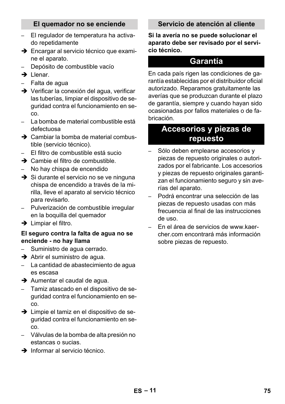 El quemador no se enciende, Servicio de atención al cliente, Garantía | Accesorios y piezas de repuesto, Garantía accesorios y piezas de repuesto | Karcher HDS 801 B User Manual | Page 75 / 332