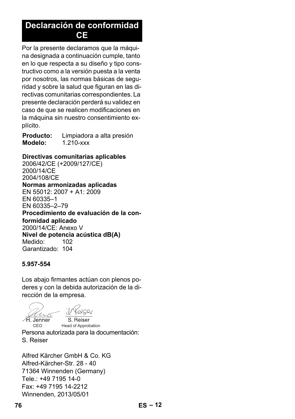 Declaración de conformidad ce | Karcher HDS 801 B User Manual | Page 76 / 332