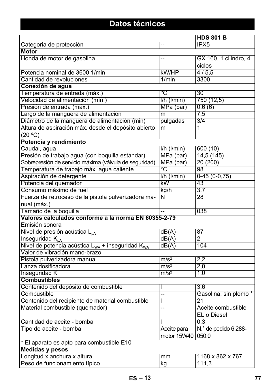 Datos técnicos | Karcher HDS 801 B User Manual | Page 77 / 332