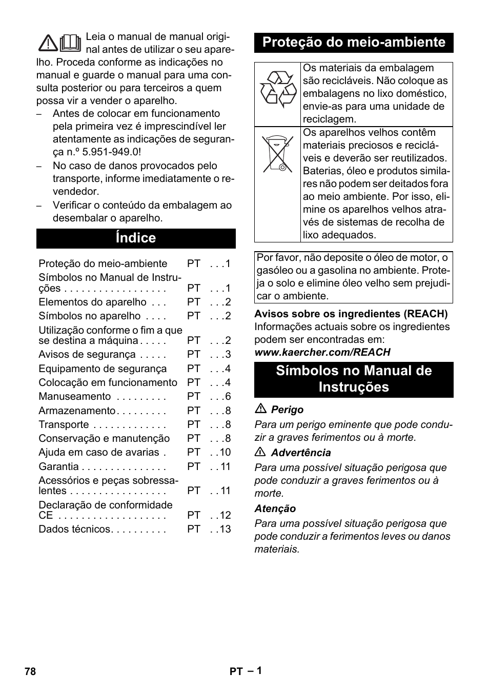 Português, Índice, Proteção do meio-ambiente | Símbolos no manual de instruções | Karcher HDS 801 B User Manual | Page 78 / 332