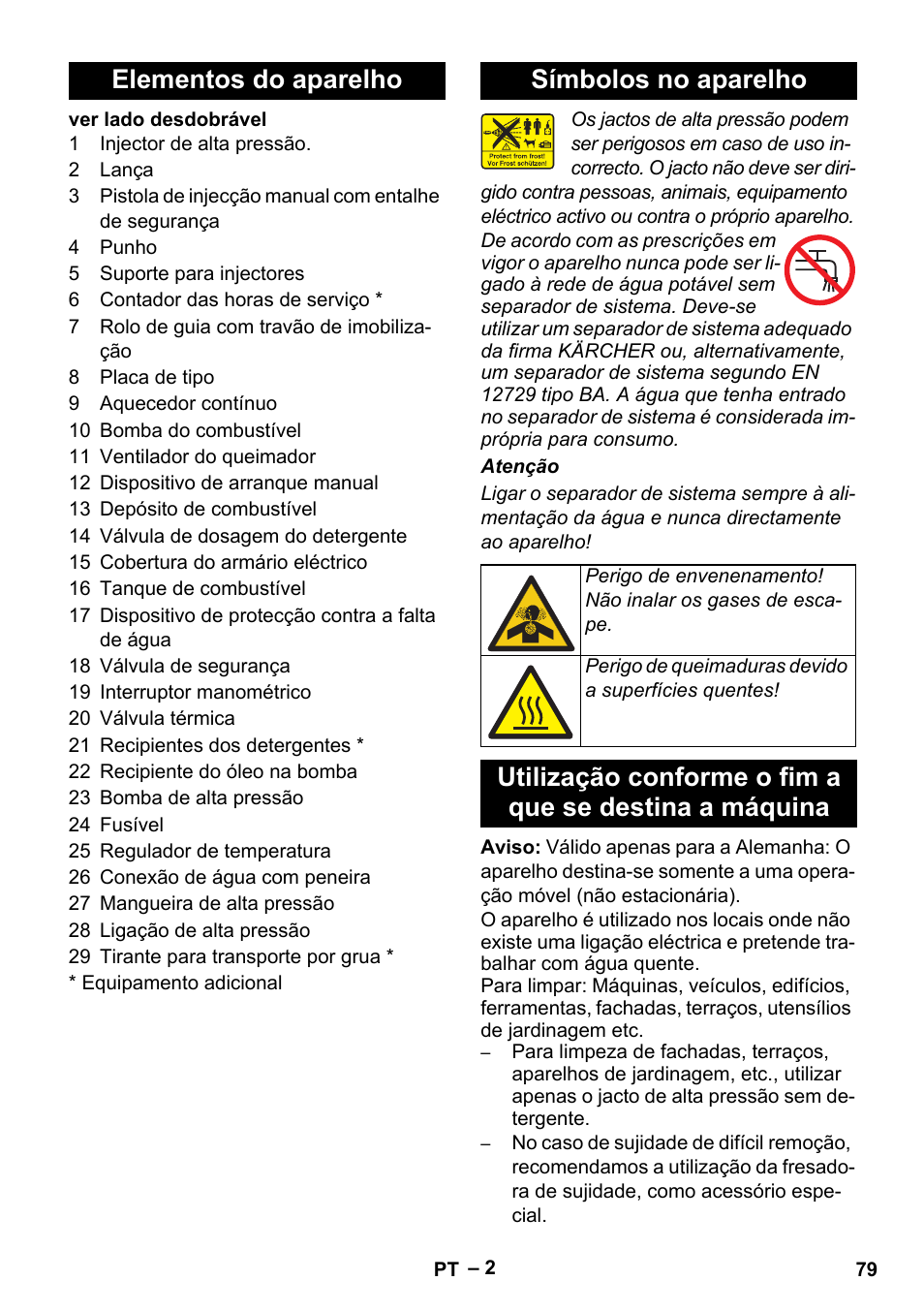 Elementos do aparelho, Símbolos no aparelho, Elementos do aparelho símbolos no aparelho | Karcher HDS 801 B User Manual | Page 79 / 332