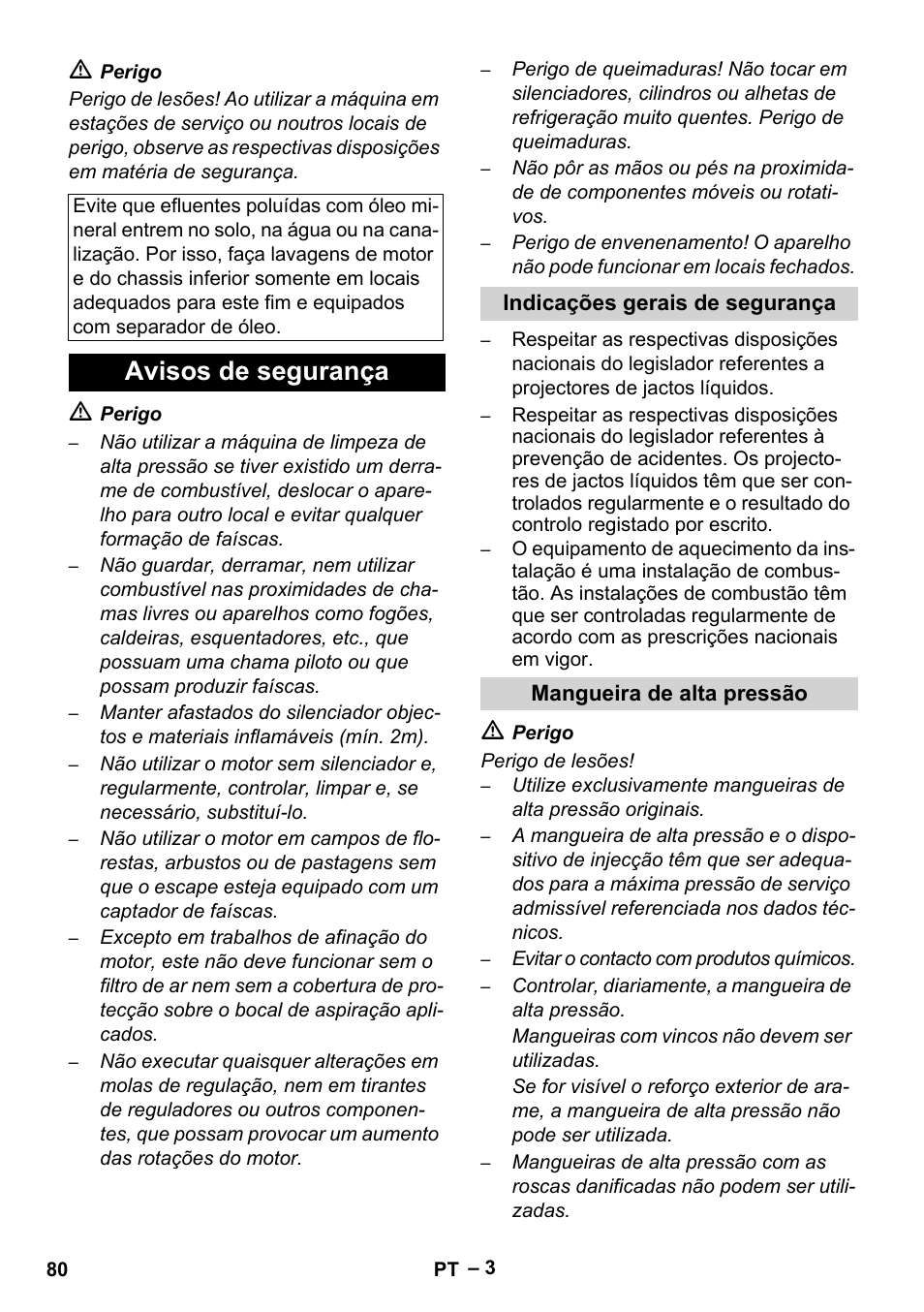 Avisos de segurança, Indicações gerais de segurança, Mangueira de alta pressão | Karcher HDS 801 B User Manual | Page 80 / 332