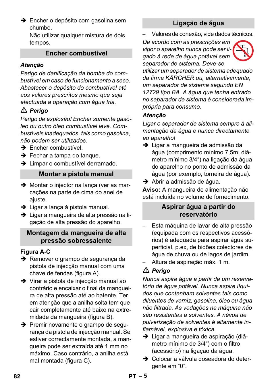 Encher combustível, Montar a pistola manual, Ligação de água | Aspirar água a partir do reservatório | Karcher HDS 801 B User Manual | Page 82 / 332