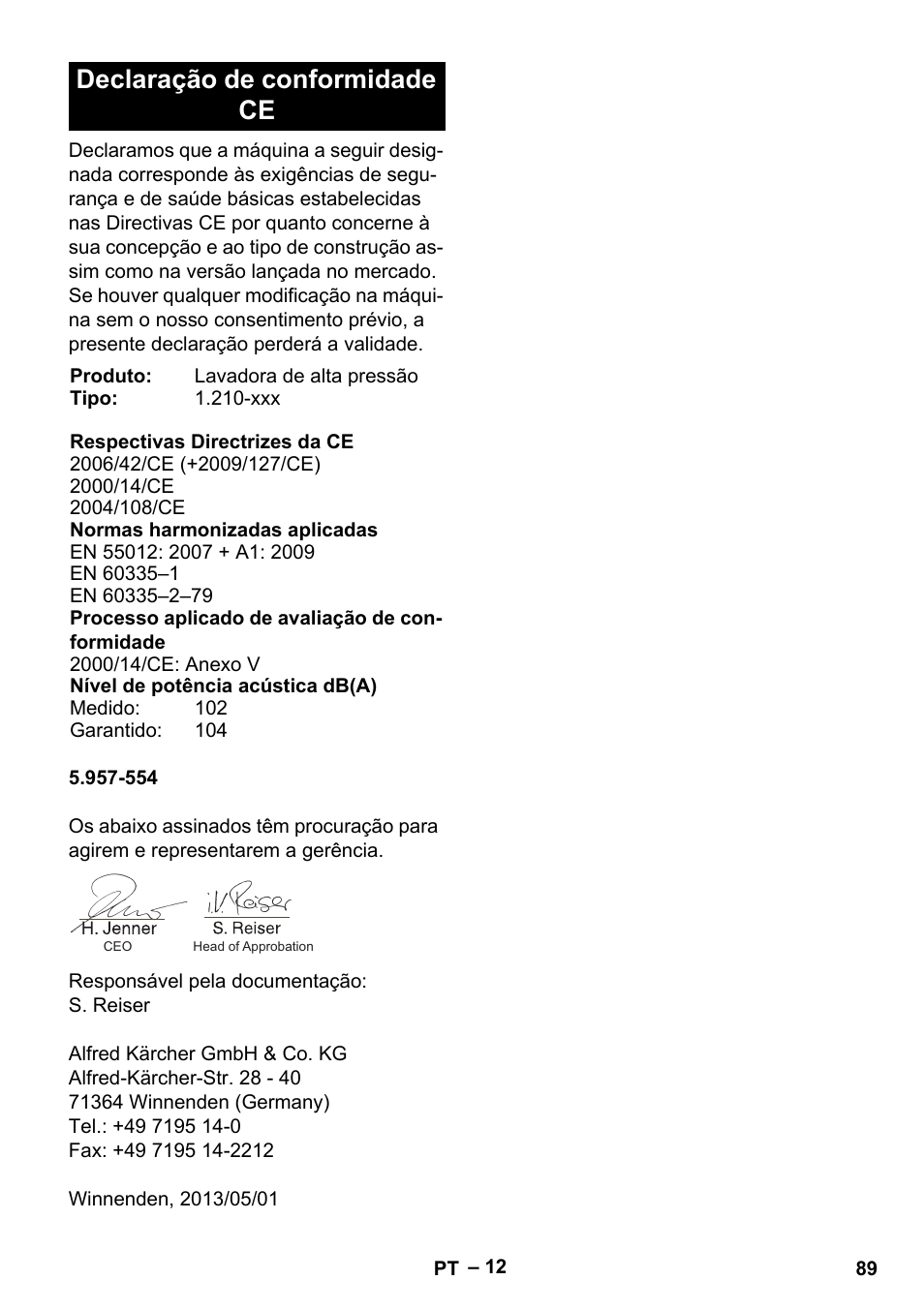 Declaração de conformidade ce | Karcher HDS 801 B User Manual | Page 89 / 332