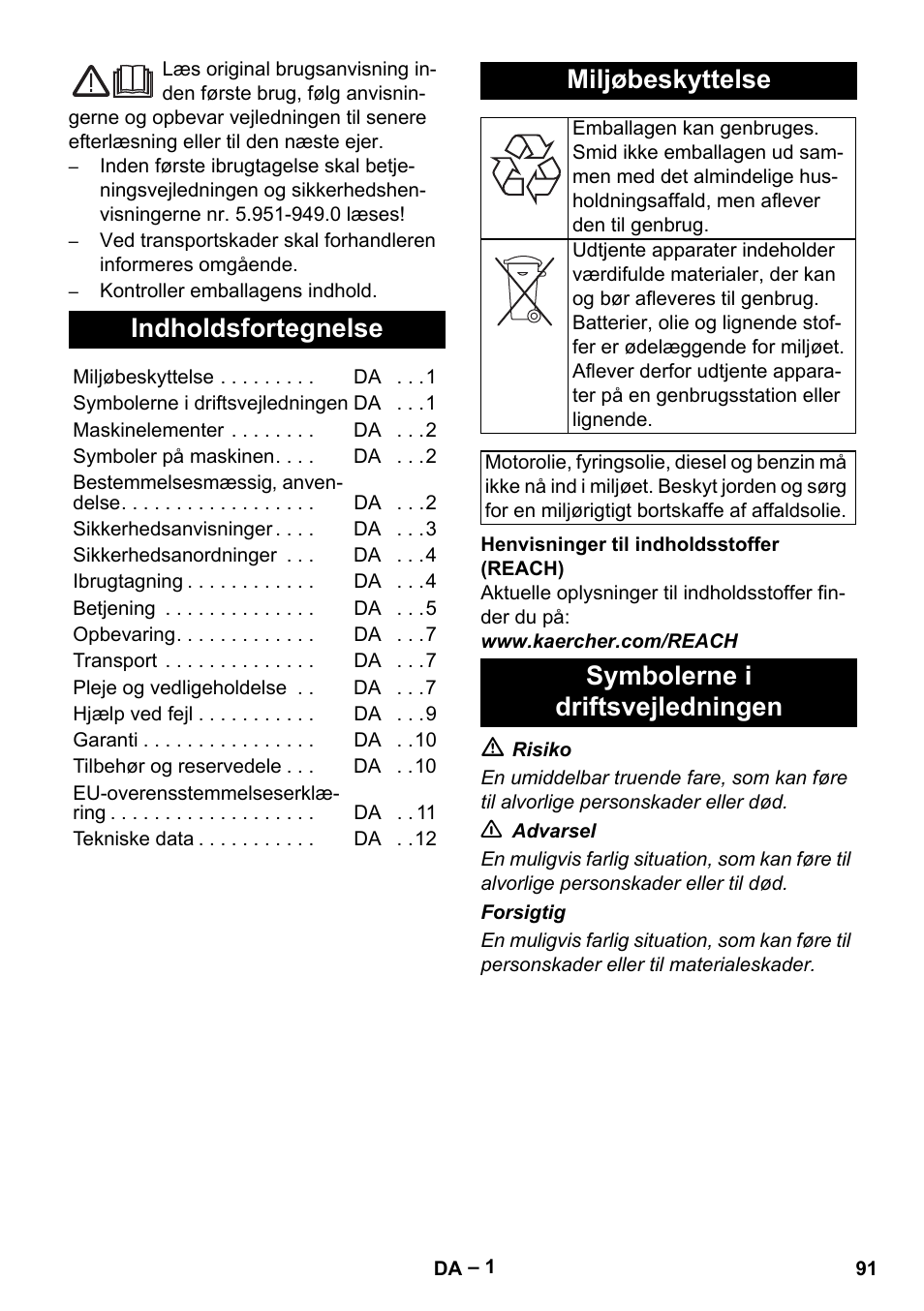 Dansk, Indholdsfortegnelse, Miljøbeskyttelse | Symbolerne i driftsvejledningen | Karcher HDS 801 B User Manual | Page 91 / 332