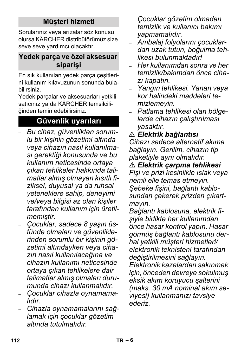 Müşteri hizmeti, Yedek parça ve özel aksesuar siparişi, Güvenlik uyarıları | Karcher MV 5 User Manual | Page 112 / 260