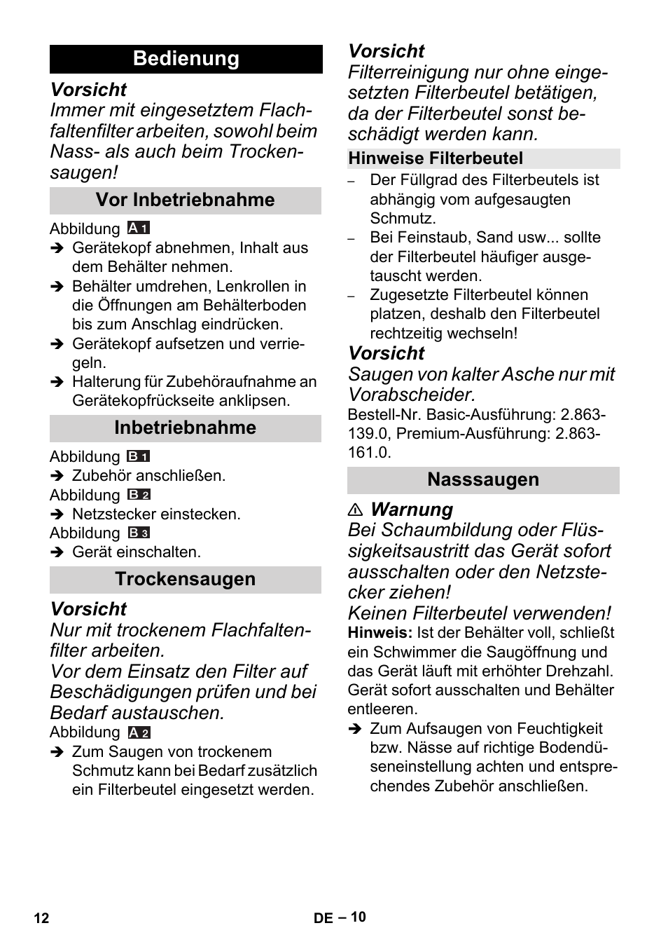 Bedienung, Vor inbetriebnahme, Inbetriebnahme | Trockensaugen, Hinweise filterbeutel, Nasssaugen | Karcher MV 5 User Manual | Page 12 / 260