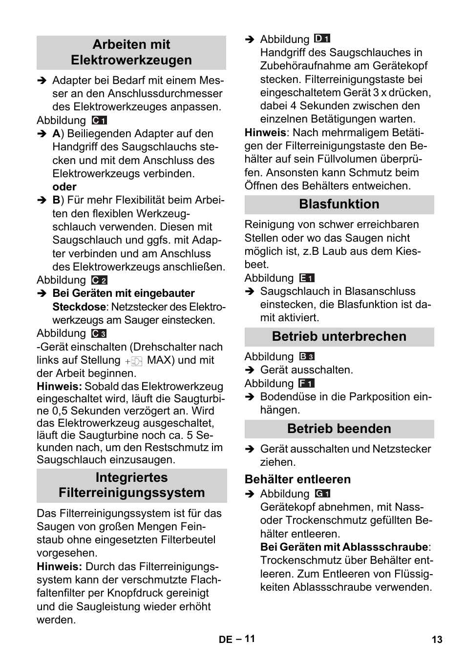 Arbeiten mit elektrowerkzeugen, Integriertes filterreinigungssystem, Blasfunktion | Betrieb unterbrechen, Betrieb beenden, Behälter entleeren | Karcher MV 5 User Manual | Page 13 / 260