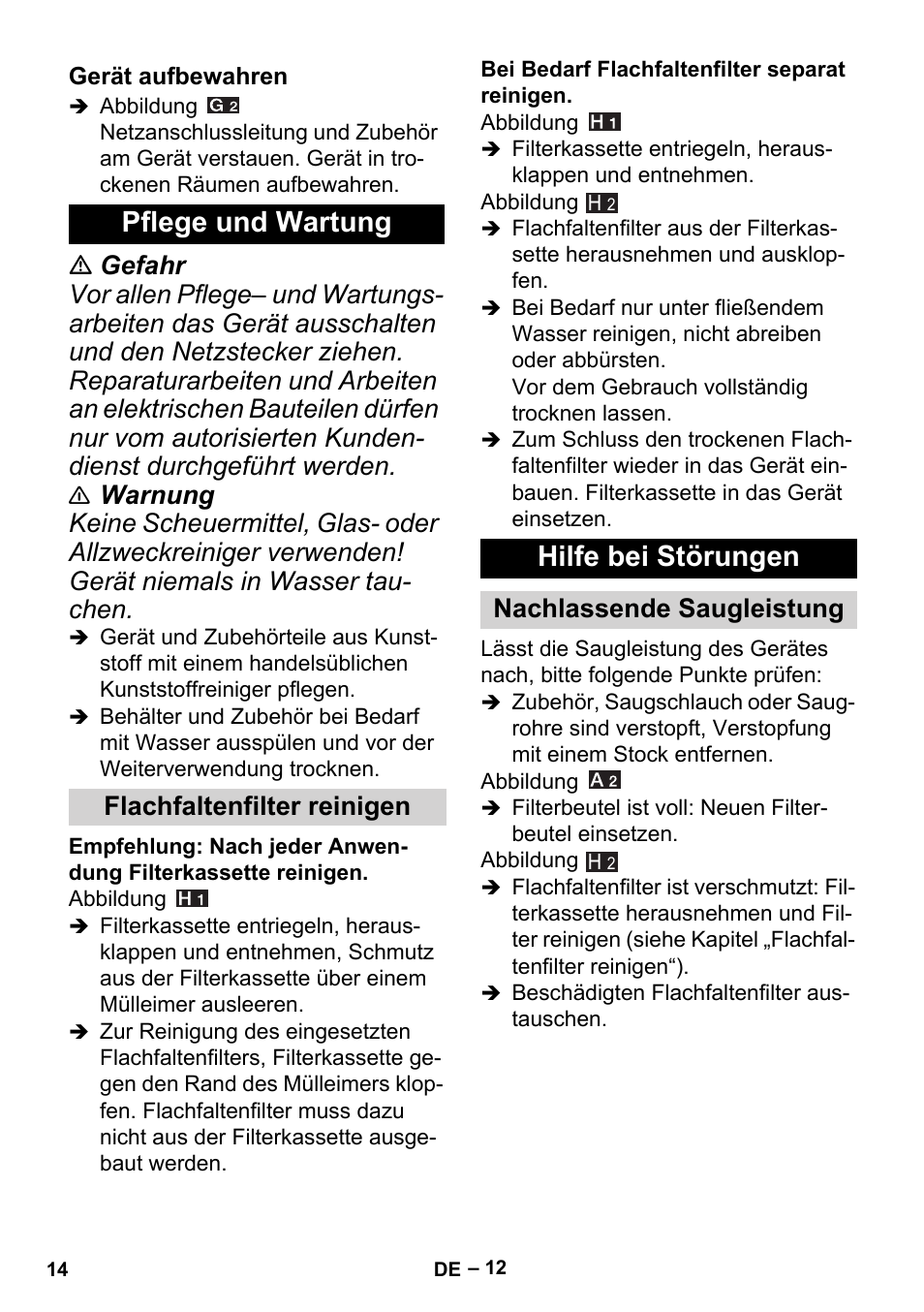 Gerät aufbewahren, Pflege und wartung, Flachfaltenfilter reinigen | Hilfe bei störungen, Nachlassende saugleistung | Karcher MV 5 User Manual | Page 14 / 260