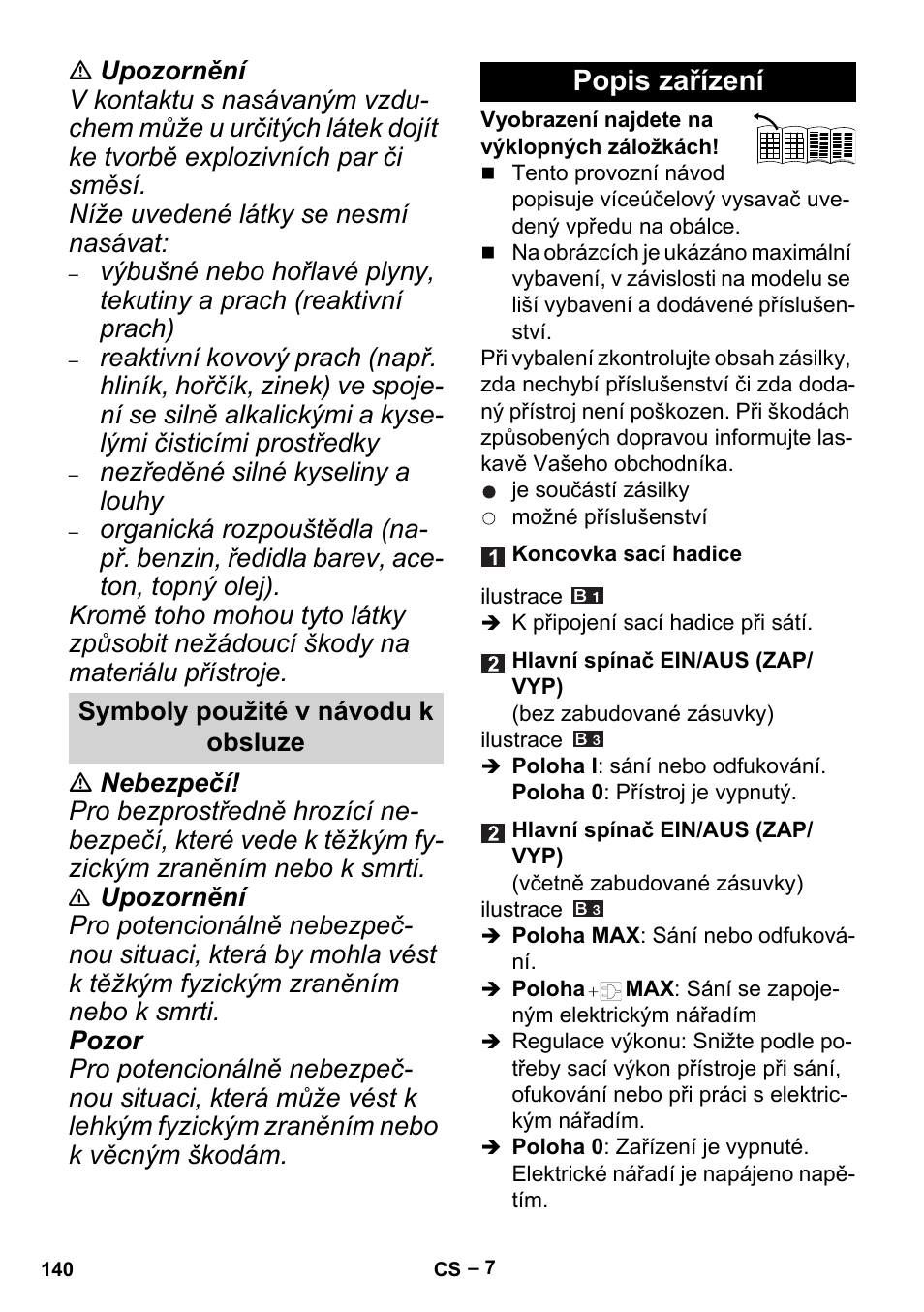 Symboly použité v návodu k obsluze, Popis zařízení | Karcher MV 5 User Manual | Page 140 / 260