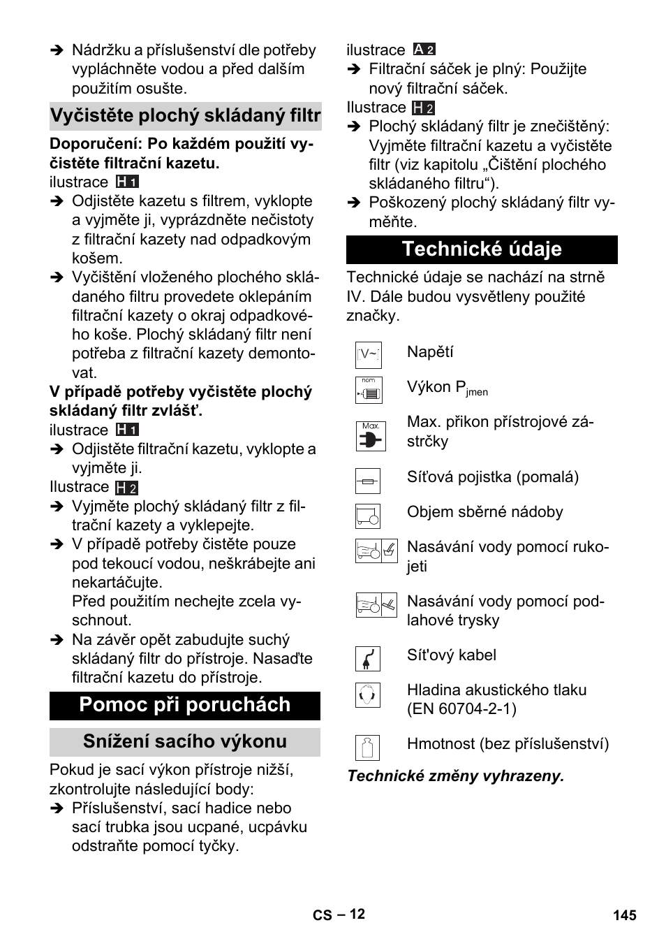 Vyčistěte plochý skládaný filtr, Pomoc při poruchách, Snížení sacího výkonu | Technické údaje | Karcher MV 5 User Manual | Page 145 / 260