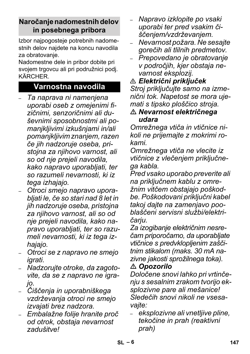 Naročanje nadomestnih delov in posebnega pribora, Varnostna navodila | Karcher MV 5 User Manual | Page 147 / 260