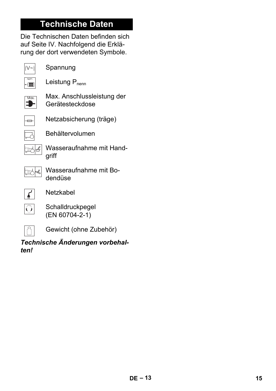 Technische daten | Karcher MV 5 User Manual | Page 15 / 260