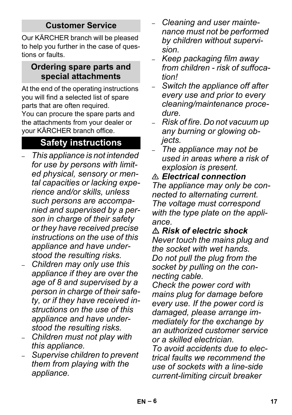 Customer service, Ordering spare parts and special attachments, Safety instructions | Karcher MV 5 User Manual | Page 17 / 260