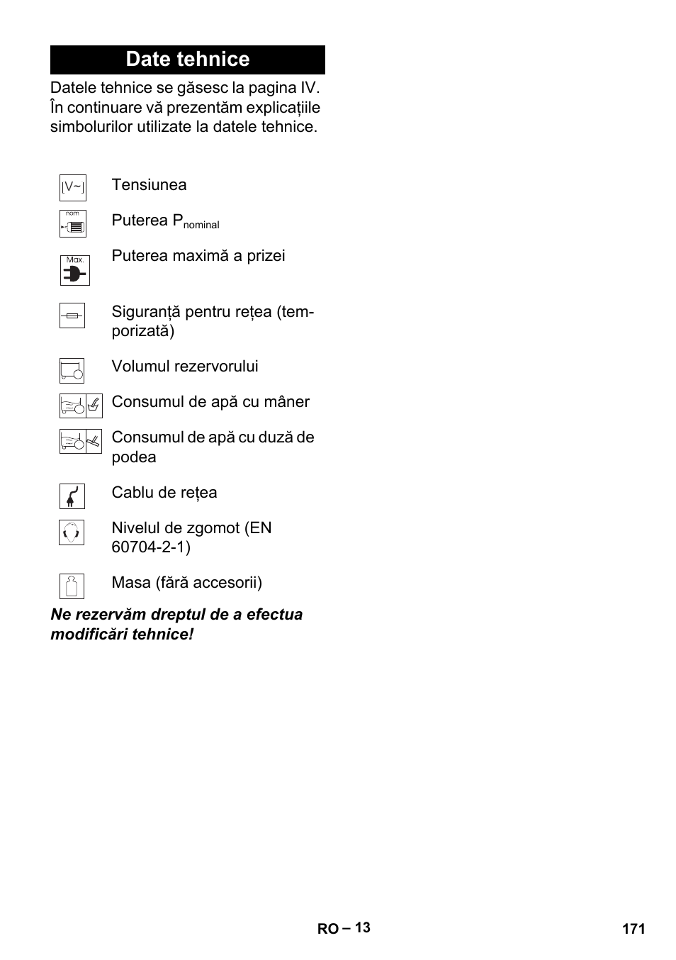 Date tehnice | Karcher MV 5 User Manual | Page 171 / 260