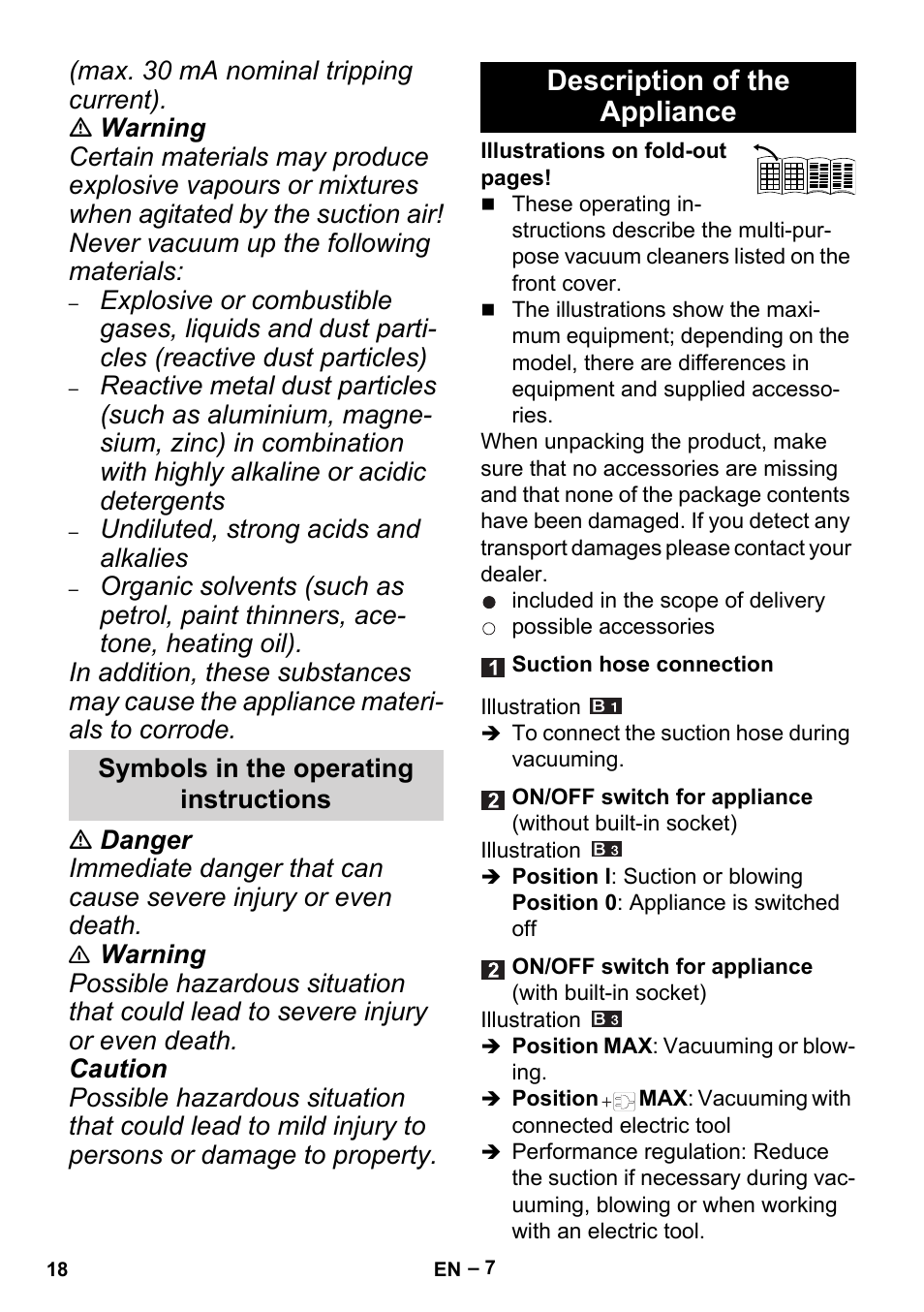 Symbols in the operating instructions, Description of the appliance | Karcher MV 5 User Manual | Page 18 / 260