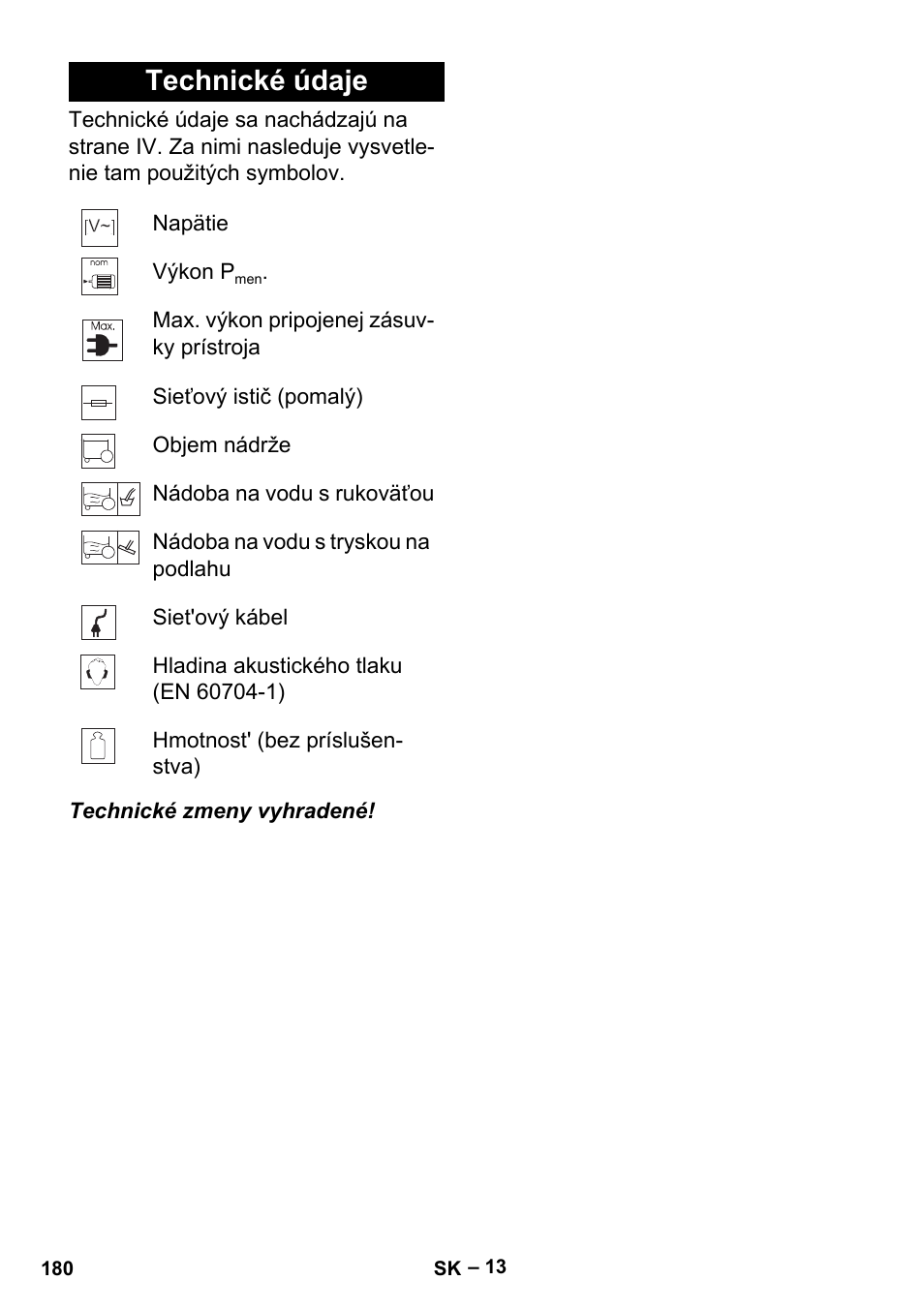 Technické údaje | Karcher MV 5 User Manual | Page 180 / 260