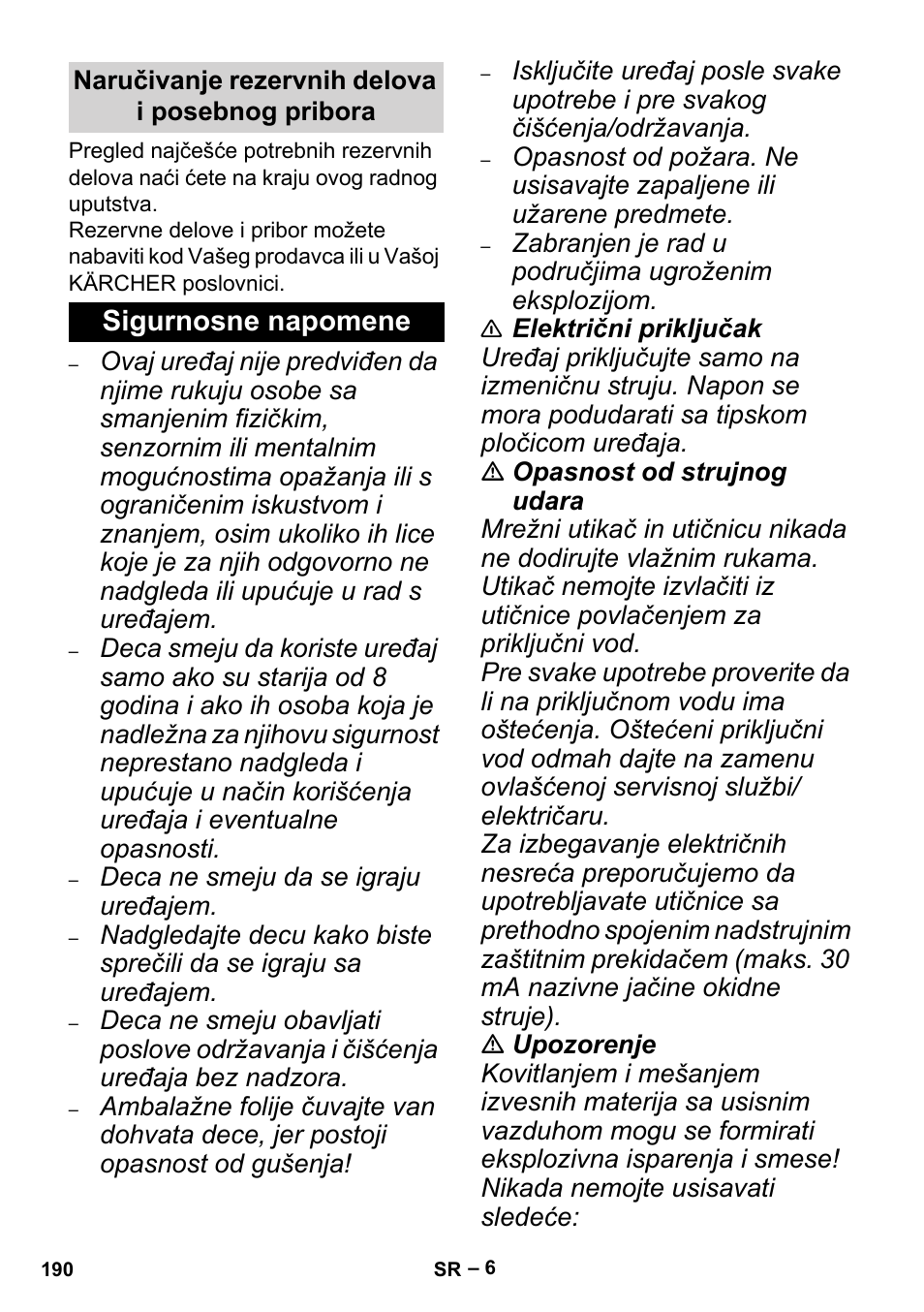 Naručivanje rezervnih delova i posebnog pribora, Sigurnosne napomene | Karcher MV 5 User Manual | Page 190 / 260