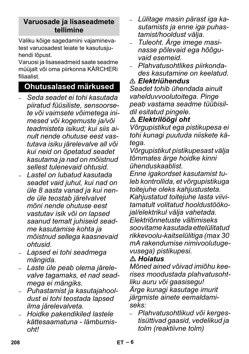 Varuosade ja lisaseadmete tellimine, Ohutusalased märkused | Karcher MV 5 User Manual | Page 208 / 260