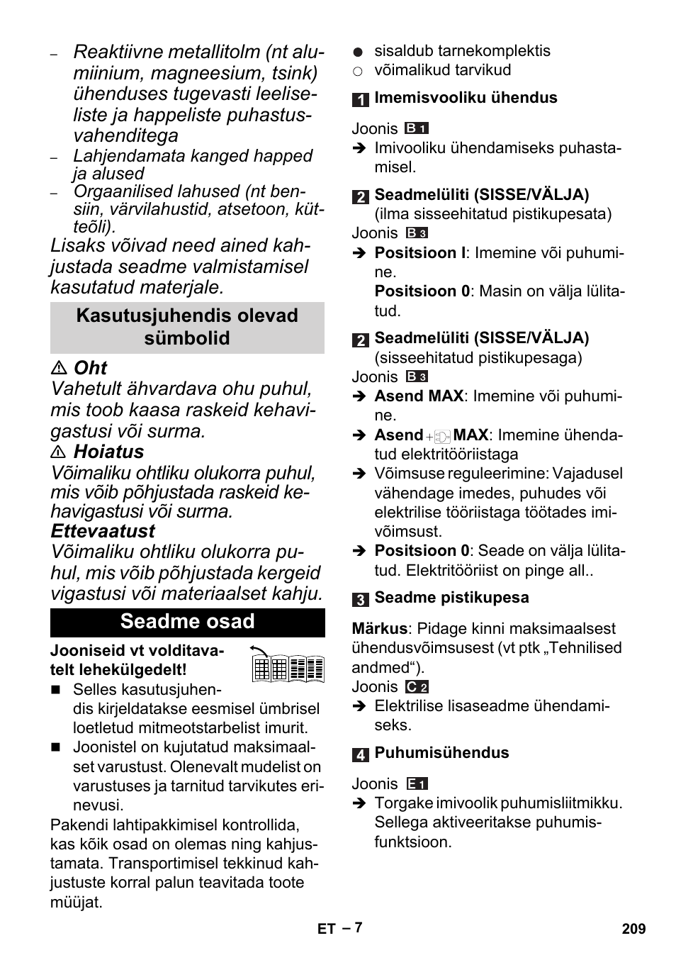 Kasutusjuhendis olevad sümbolid, Seadme osad | Karcher MV 5 User Manual | Page 209 / 260