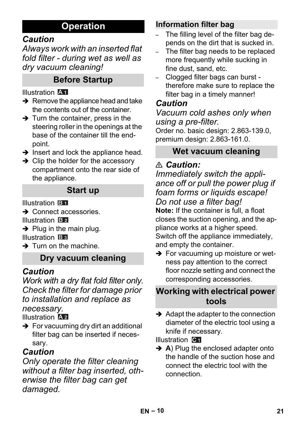 Operation, Before startup, Start up | Dry vacuum cleaning, Information filter bag, Wet vacuum cleaning, Working with electrical power tools | Karcher MV 5 User Manual | Page 21 / 260