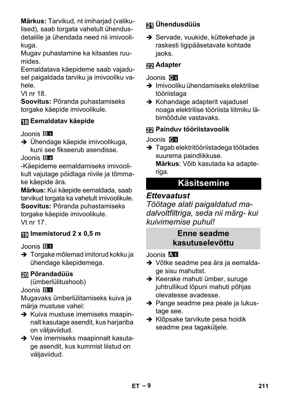 Käsitsemine, Enne seadme kasutuselevõttu | Karcher MV 5 User Manual | Page 211 / 260