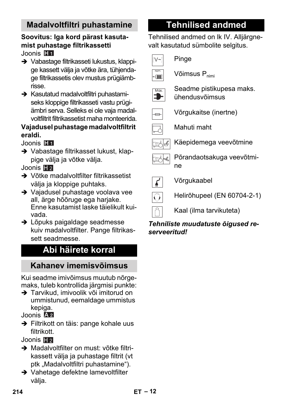 Madalvoltfiltri puhastamine, Abi häirete korral, Kahanev imemisvõimsus | Tehnilised andmed | Karcher MV 5 User Manual | Page 214 / 260