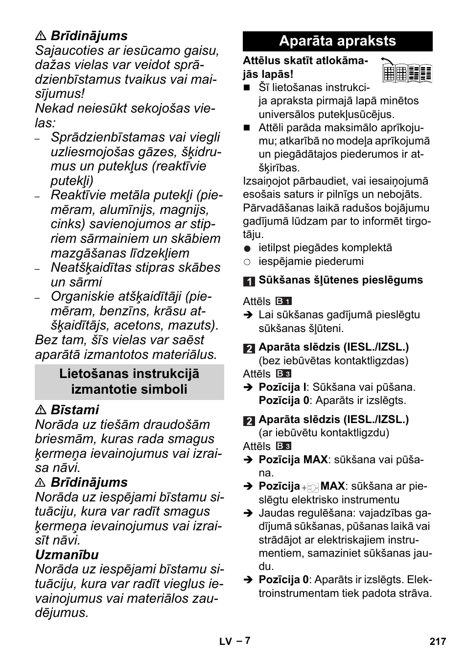 Lietošanas instrukcijā izmantotie simboli, Aparāta apraksts | Karcher MV 5 User Manual | Page 217 / 260
