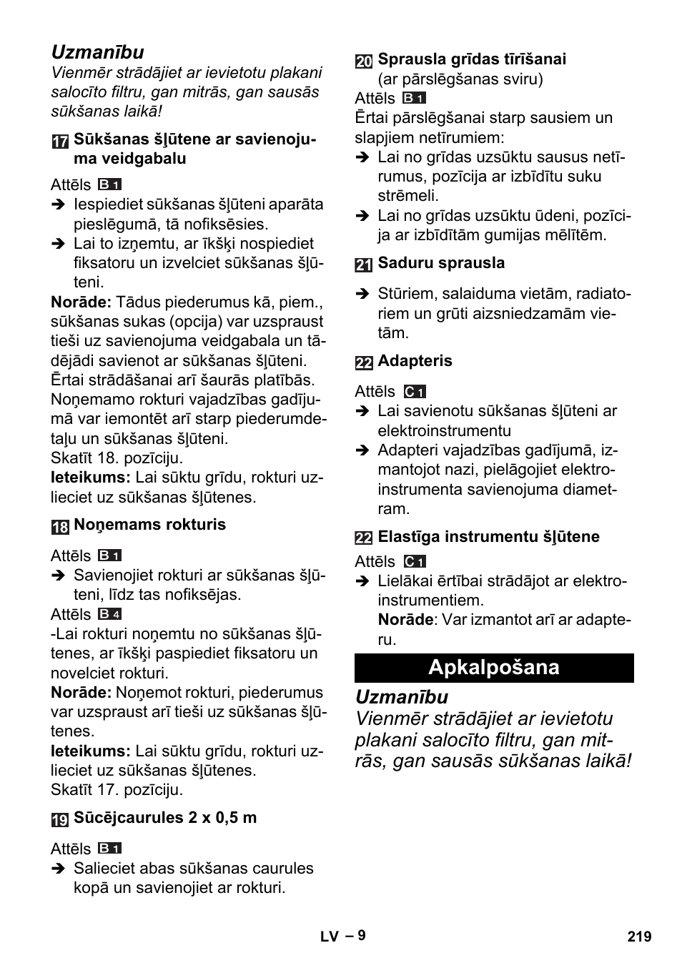 Apkalpošana, Uzmanību | Karcher MV 5 User Manual | Page 219 / 260