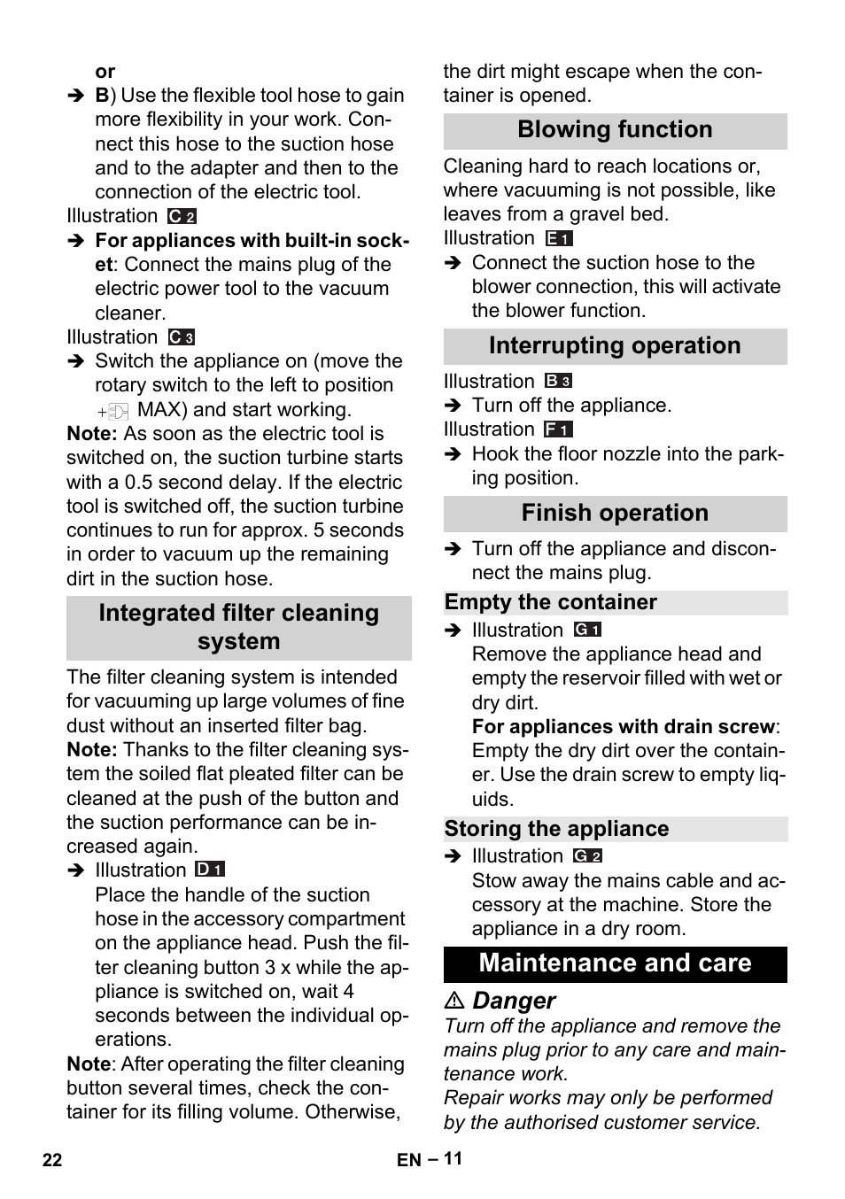 Integrated filter cleaning system, Blowing function, Interrupting operation | Finish operation, Empty the container, Storing the appliance, Maintenance and care, Danger | Karcher MV 5 User Manual | Page 22 / 260