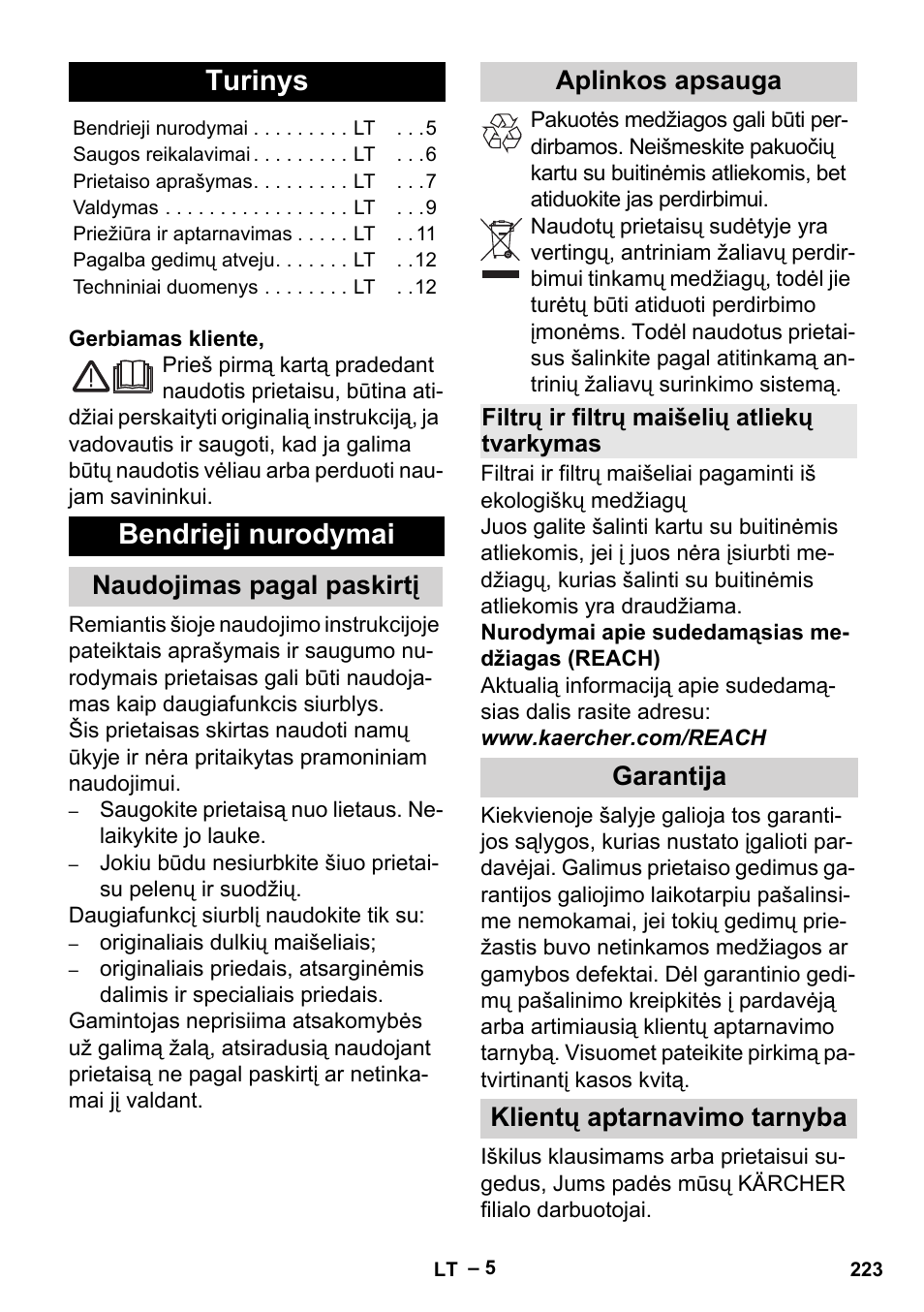 Lietuviškai, Turinys, Bendrieji nurodymai | Naudojimas pagal paskirtį, Aplinkos apsauga, Filtrų ir filtrų maišelių atliekų tvarkymas, Garantija, Klientų aptarnavimo tarnyba, Naudojimas pagal paskirtį aplinkos apsauga, Garantija klientų aptarnavimo tarnyba | Karcher MV 5 User Manual | Page 223 / 260