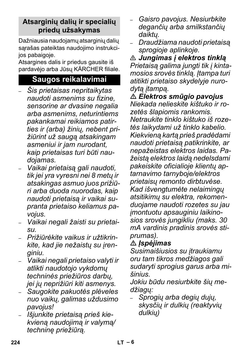 Atsarginių dalių ir specialių priedų užsakymas, Saugos reikalavimai | Karcher MV 5 User Manual | Page 224 / 260