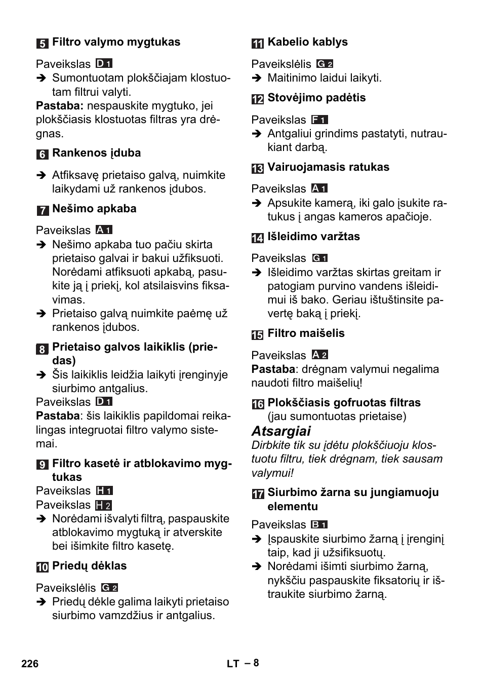 Atsargiai | Karcher MV 5 User Manual | Page 226 / 260