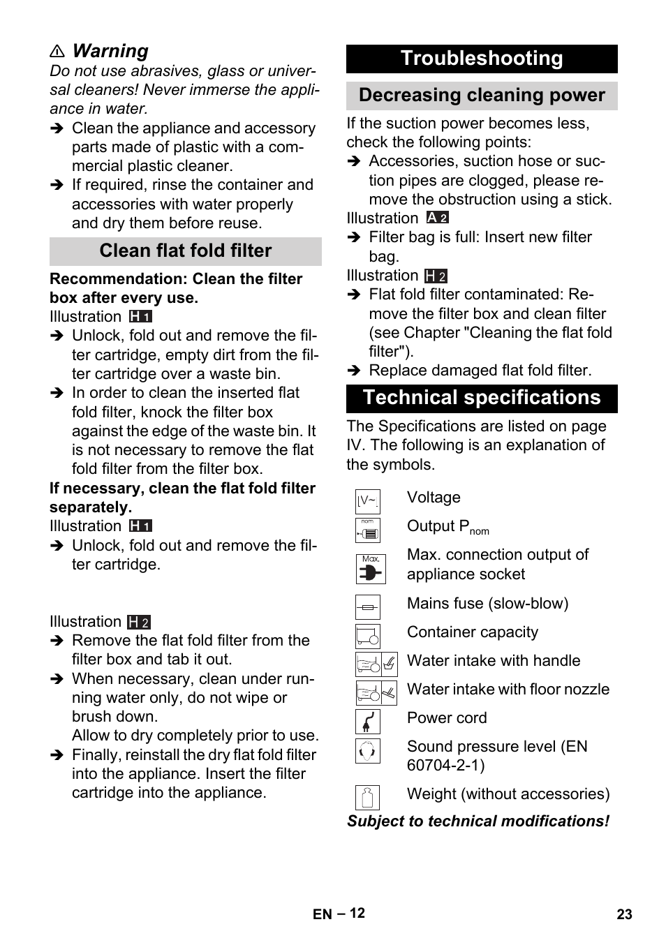 Clean flat fold filter, Troubleshooting, Decreasing cleaning power | Technical specifications, Warning | Karcher MV 5 User Manual | Page 23 / 260